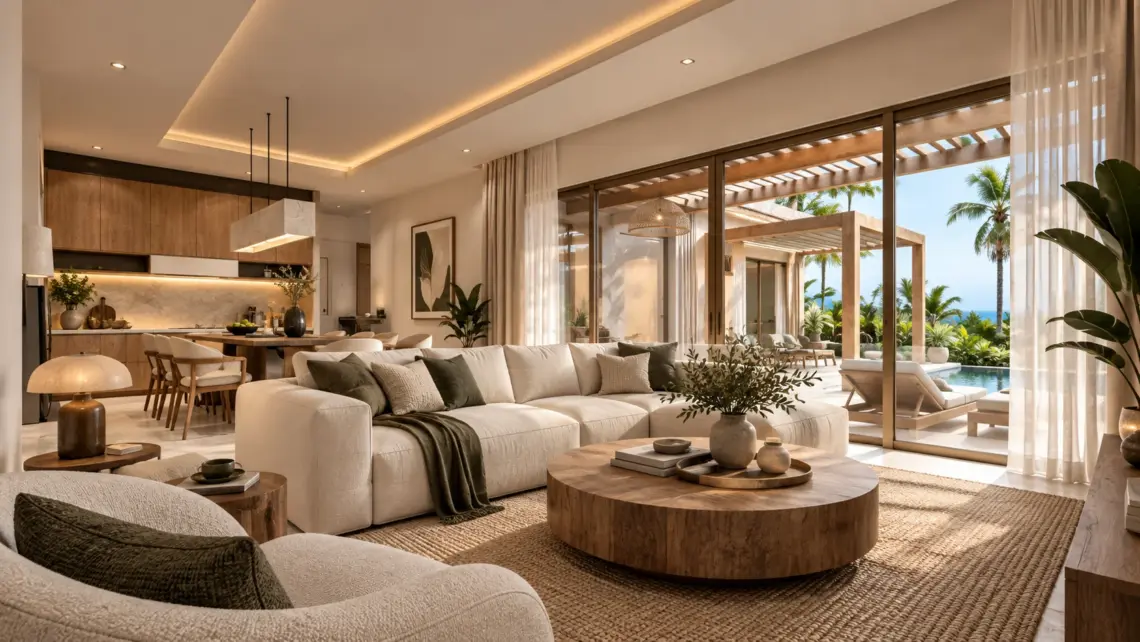 Architectural render of the open-plan living, dining and kitchen areas at a proposed villa in Bo Phut, Koh Samui
