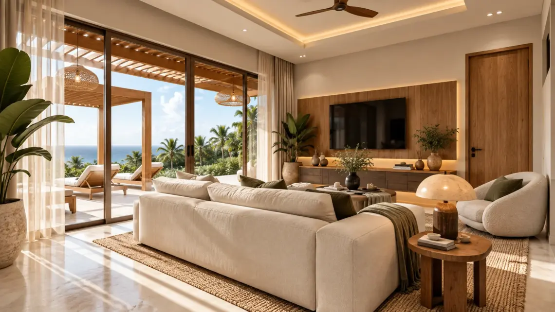 Architectural render of the living room opening towards the terrace at a proposed villa in Bo Phut, Koh Samui