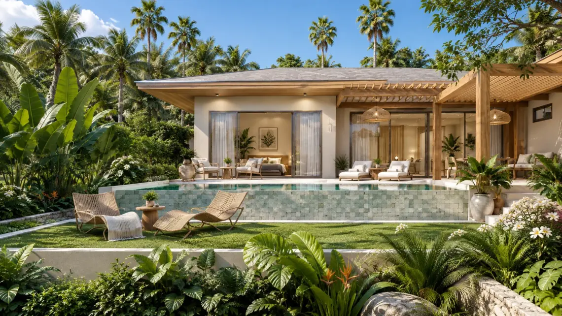 Architectural render of the pool and bedroom wing at a proposed 3 bedroom villa in Bo Phut, Koh Samui
