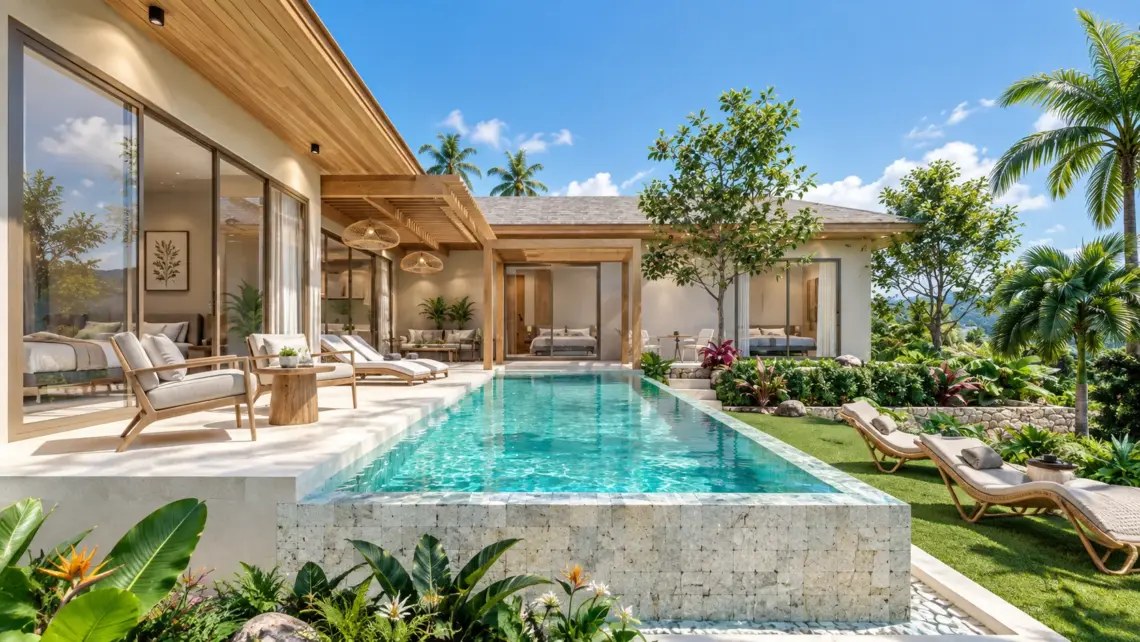 Architectural render of the private infinity pool and terrace at a proposed 3 bedroom villa in Bo Phut, Koh Samui