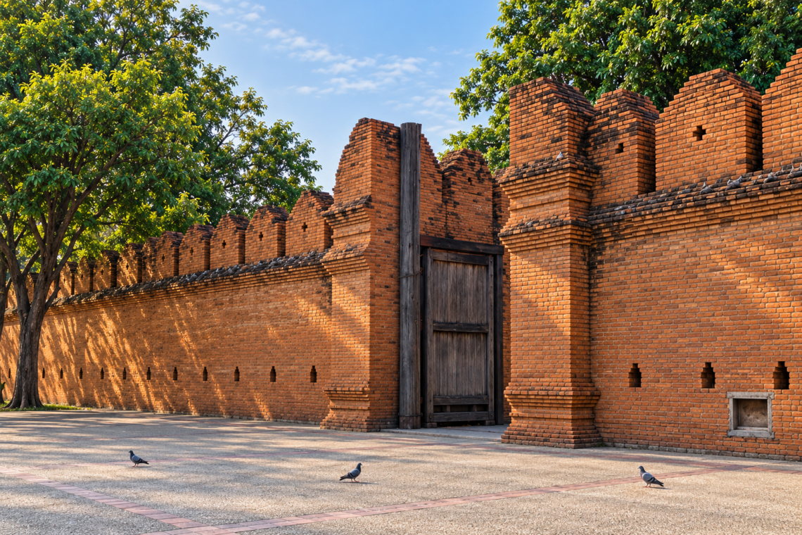 AI-generated view of Tha Phae Gate’s red-brick wall and wooden gate in Chiang Mai