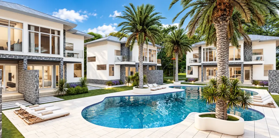 Artist’s impression of the communal pool courtyard at One Bophut Luxury Residence, with an edited blue sky