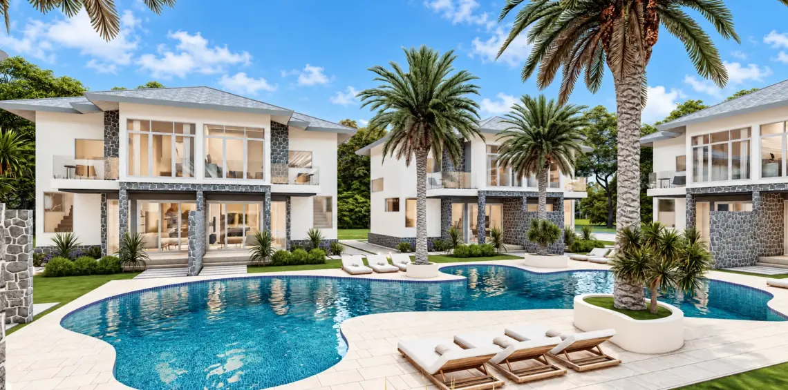 Artist’s impression of the communal swimming pool and duplex villas at One Bophut Luxury Residence, with an edited blue sky