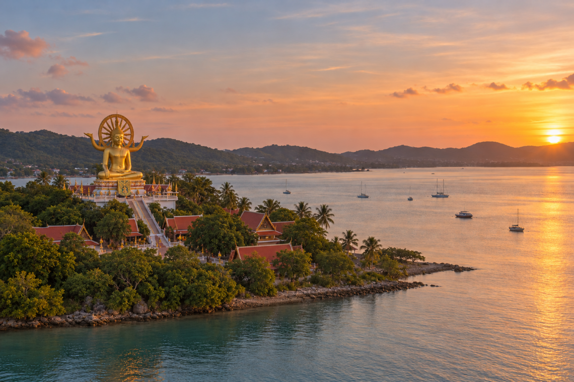 AI-generated interpretation of Koh Samui’s Big Buddha and bay at sunset