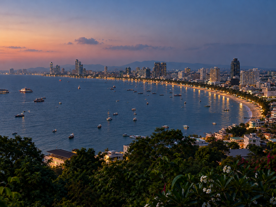 AI-generated view of Pattaya Bay at dusk with waterfront lights