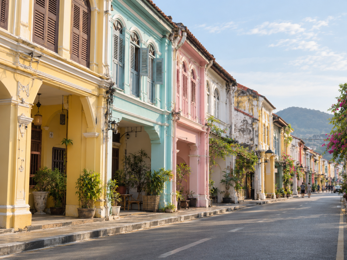 AI-generated illustration of colourful Sino-Portuguese shophouses inspired by Phuket Old Town