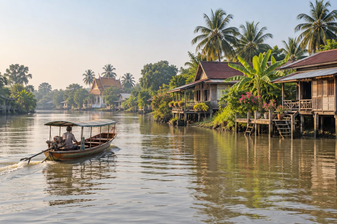 AI-generated scene of a wooden boat and traditional riverside homes in Thailand