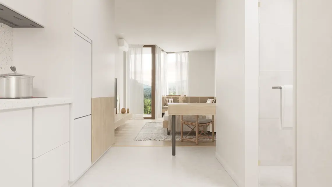Studio kitchen and living space — architectural render
