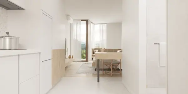 Studio kitchen and living space — architectural render