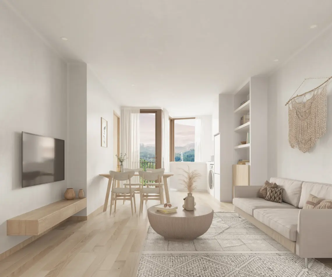 Two-bedroom apartment living area — architectural render