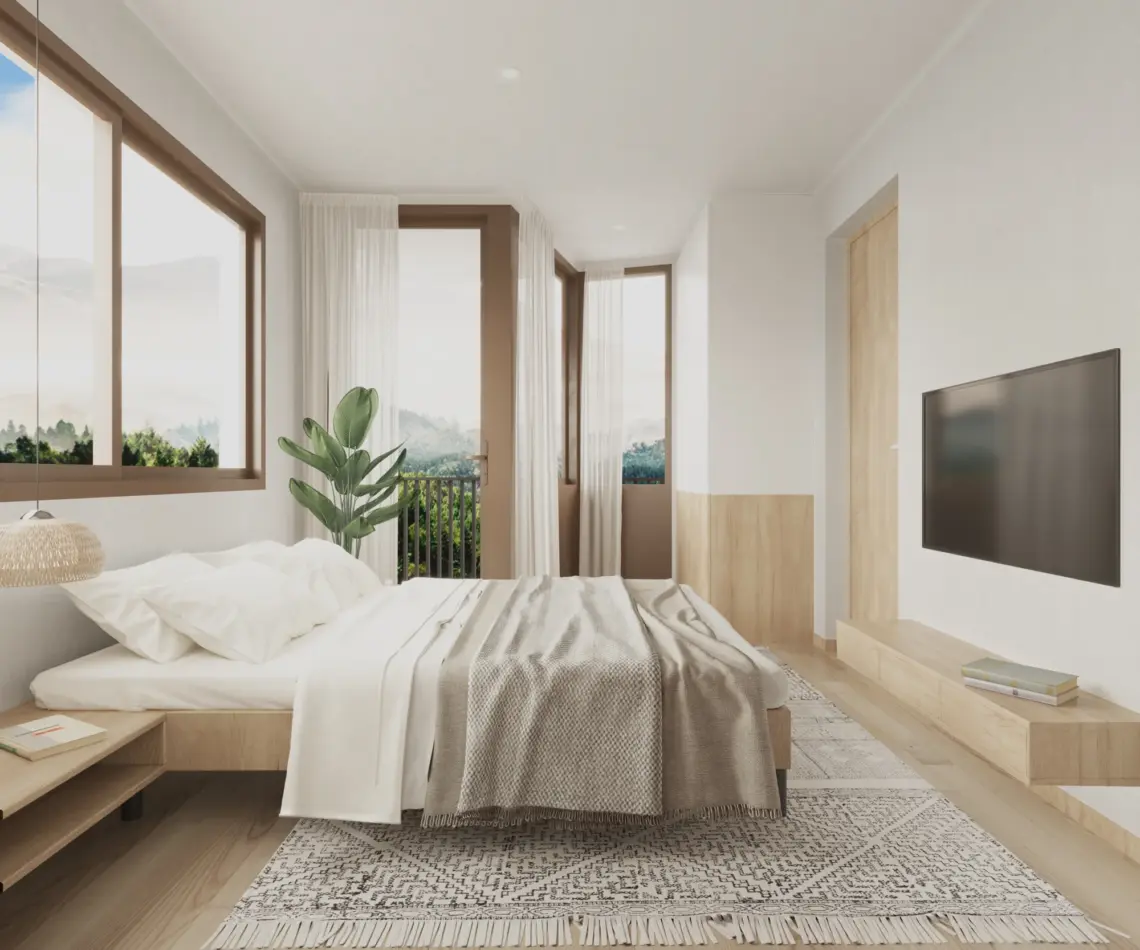 Two-bedroom apartment main bedroom — architectural render