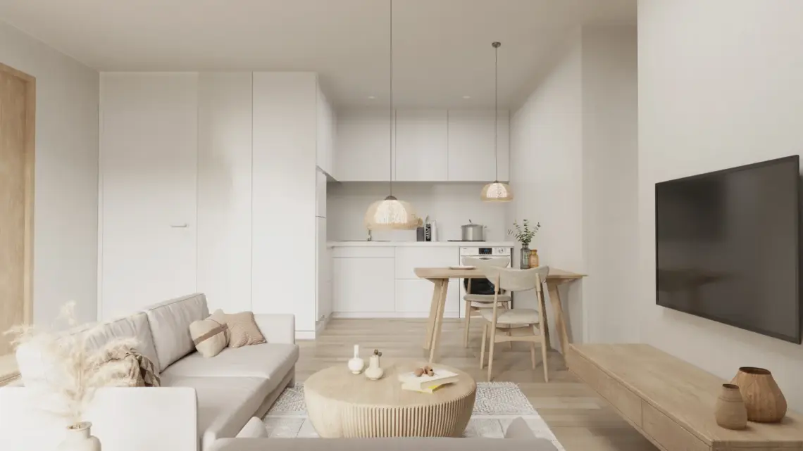Larger two-bedroom apartment living area — architectural render