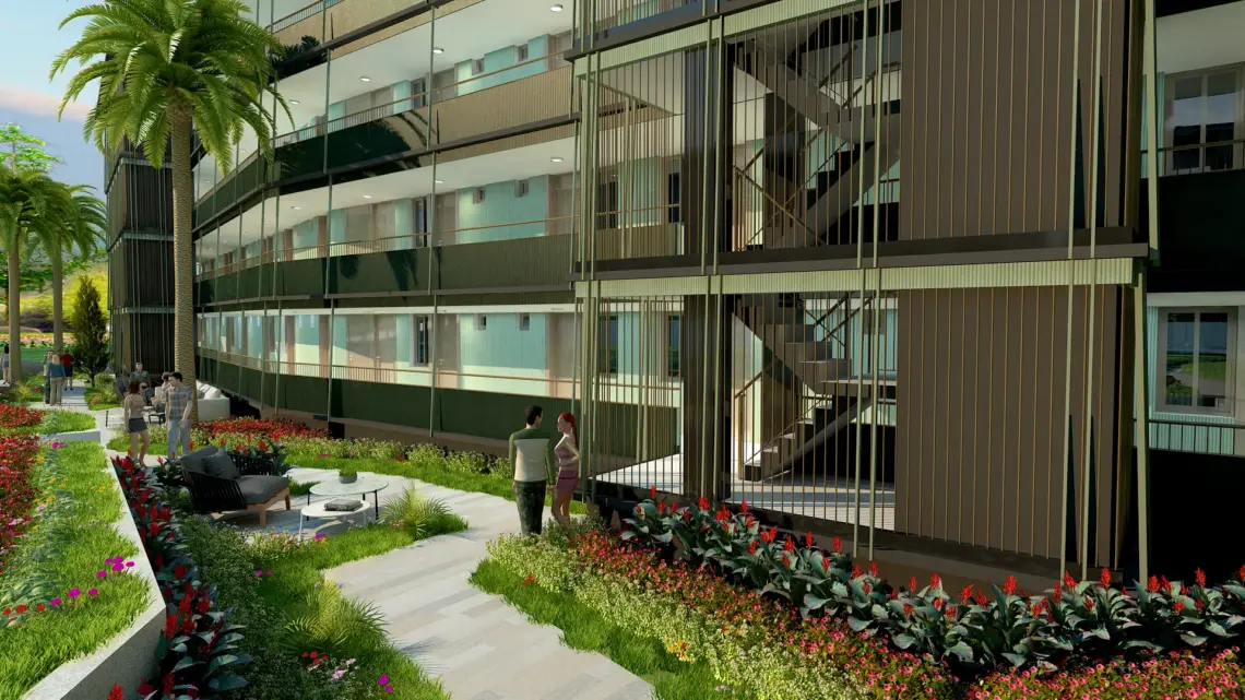 Landscaped grounds and condominium exterior — architectural render