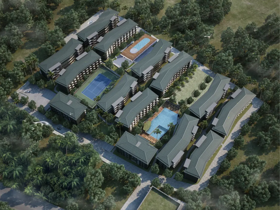 Development overview including planned facilities — architectural render